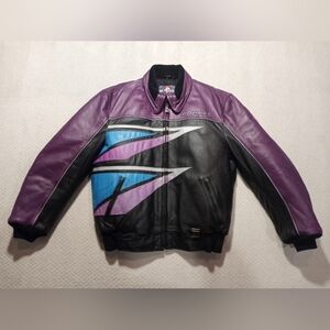 Vintage 90s Polaris Leather Bomber Snowmobile Jacket Womens Size L Purple Black